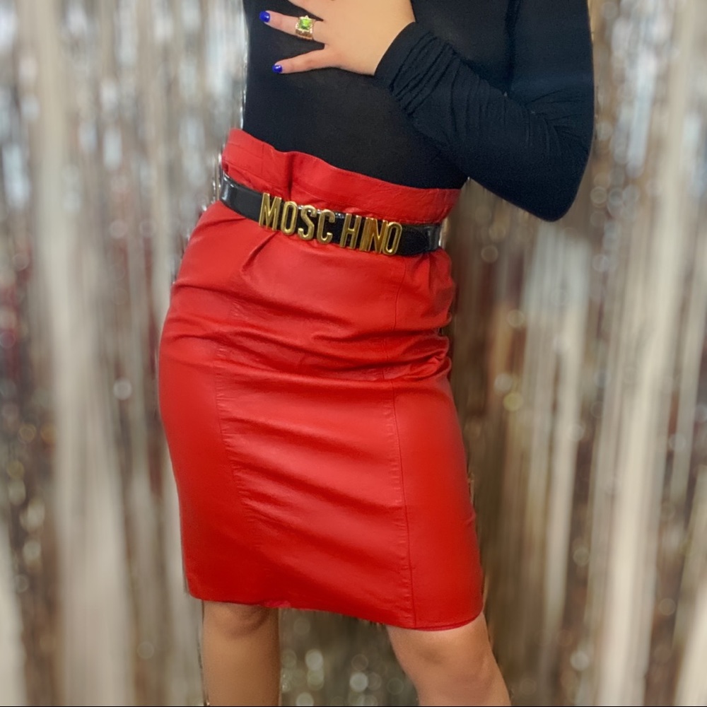 Red Leather Vintage Pencil Skirt